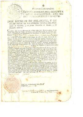 Certificat de nomenament de Vicente Ros Vila com a batlle (bayle) de Mollet, Parets i Gallecs signat per Nicolas de Solanell y de Sicart; segells reials Ferran VII