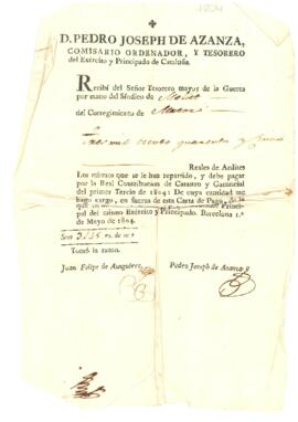 Cartes de pagament del Síndic de Mollet al Tresorer de l'Exèrcit i Principat de Catalunya; Manuel de Gordon; Pedro José de Azanza; Antonio de Coupigny de Louverval