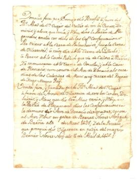 Nota resum d'actes en poder de notari sobre una donació i una venda de terres a Plegamans