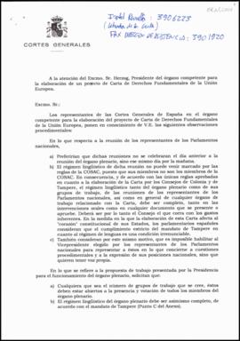 Comunicació dels representants de les Corts Generals d’Espanya en l’òrgan competent per a l’elaboració del projecte de Carta de drets fonamentals de la UE [Gabriel Cisneros i JST] adreçada “al Excmo. Sr. [Roman]?Herzog”, President de l’òrgan competent […]
